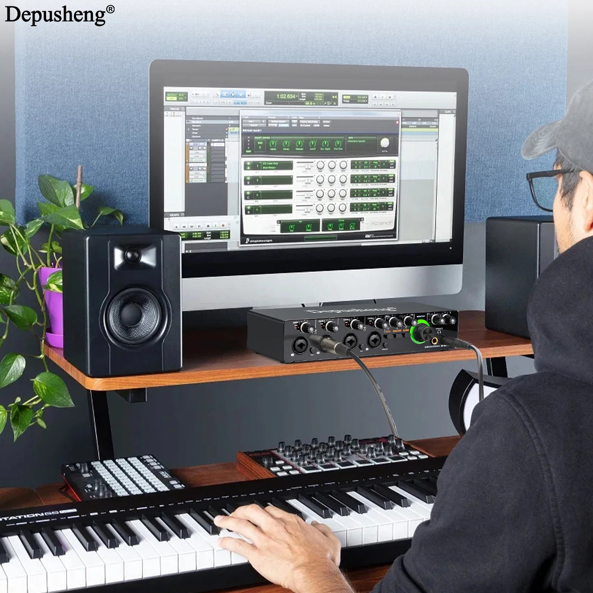 Depusheng Audio Interface RX4 Sound Card AD Converter with Monitoring Electric Guitar Live Recording For Studio Singing Podcast
