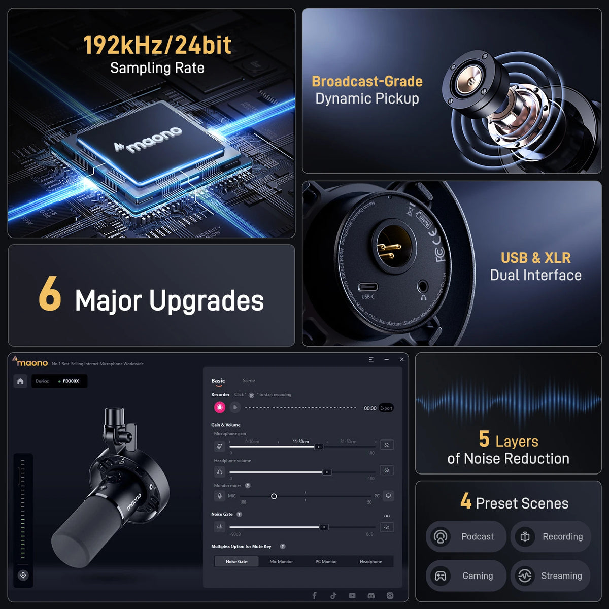 Maono PD300X Dynamic Microphone XLR USB Podcast Recording Mic 192kHz24bit for Content Creation Home Audio Studio Noise Reduction