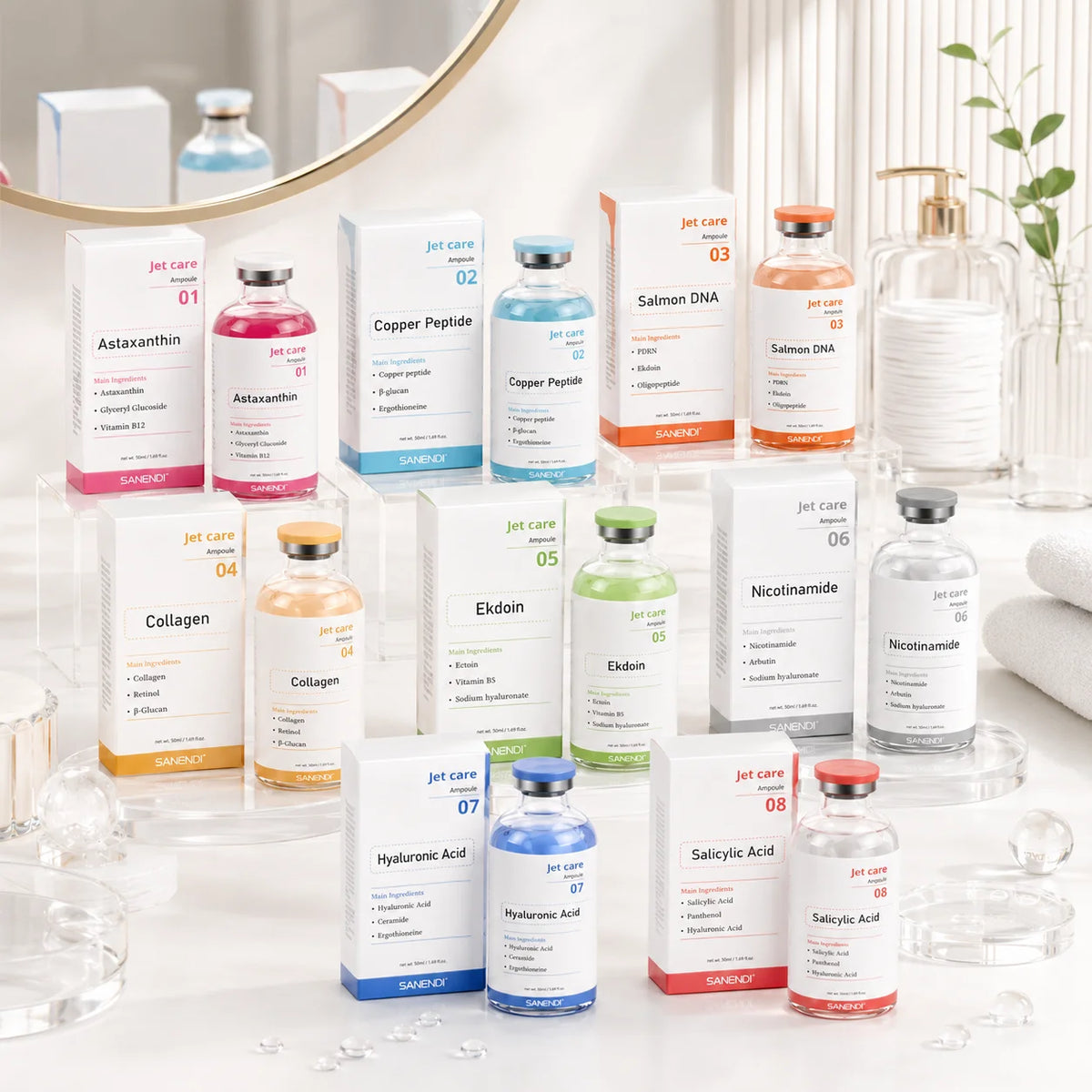 SANENDI Korean Skincare Jet Care Ampoule Facial Serum PDRN Calming Smooth Barrier Moisture Hydrating Skin Care Concentrate Kit