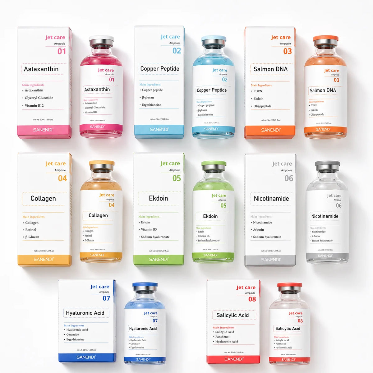 SANENDI Korean Skincare Jet Care Ampoule Facial Serum PDRN Calming Smooth Barrier Moisture Hydrating Skin Care Concentrate Kit