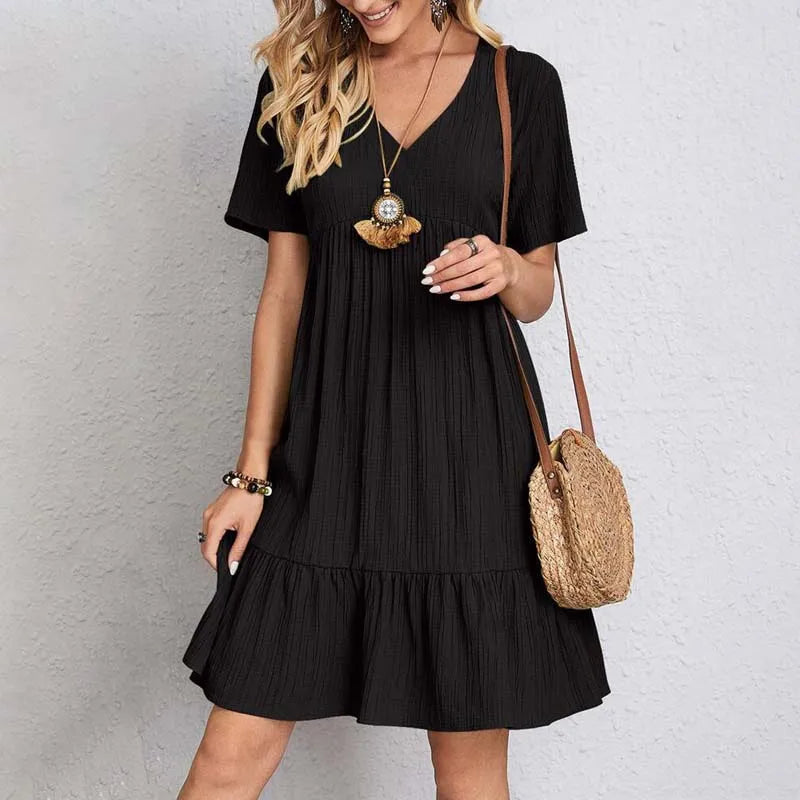 2024 Women Sexy Elegant V Neck Ruffles Mini Dress Summer Vintage Solid Loose Sundress Bohemian Casual Solid Beach Party Vestidos