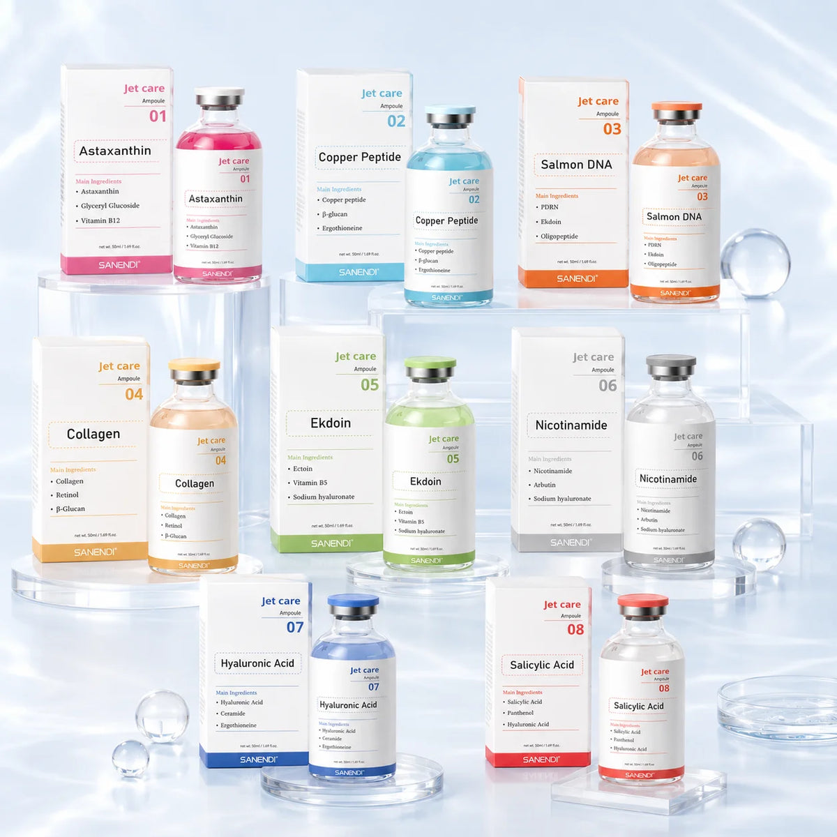 SANENDI Korean Skincare Jet Care Ampoule Facial Serum PDRN Calming Smooth Barrier Moisture Hydrating Skin Care Concentrate Kit