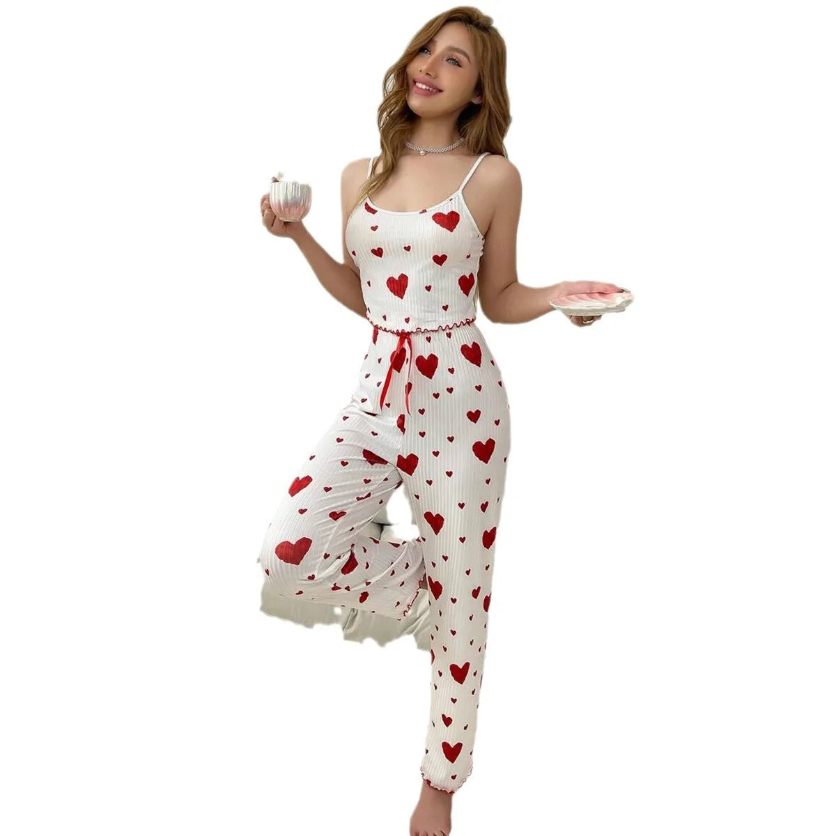 Women Pajamas Plus Size Pajamas Set 2 Piece Short Vest + Trouser White Breathable Soft Casual Love Print