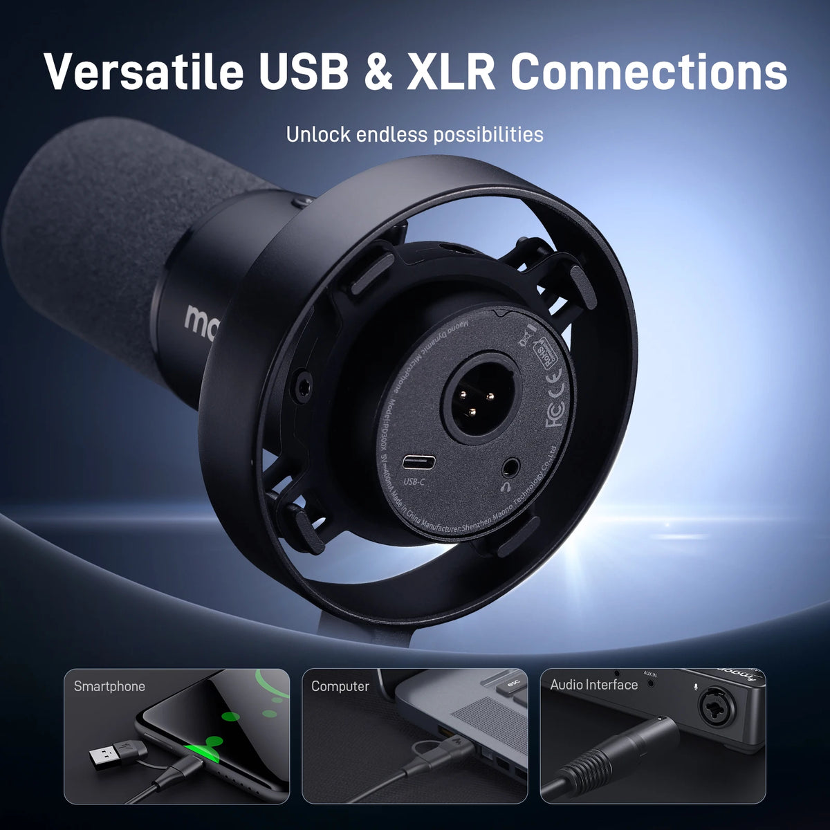 Maono PD300X Dynamic Microphone XLR USB Podcast Recording Mic 192kHz24bit for Content Creation Home Audio Studio Noise Reduction