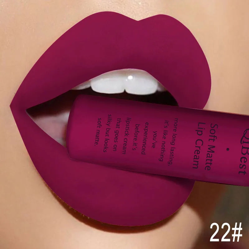 QIBEST Sexy Long Lasting Velvet Matte Lip Gloss Liquid Lipstick Lip Makeup Women Beauty Red Nonstick Cup Waterproof Lipgloss