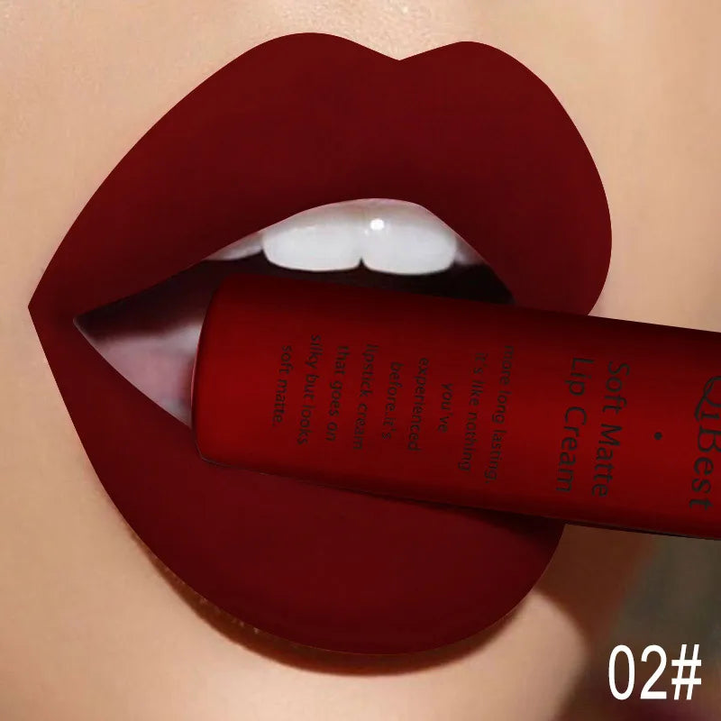 QIBEST Sexy Long Lasting Velvet Matte Lip Gloss Liquid Lipstick Lip Makeup Women Beauty Red Nonstick Cup Waterproof Lipgloss