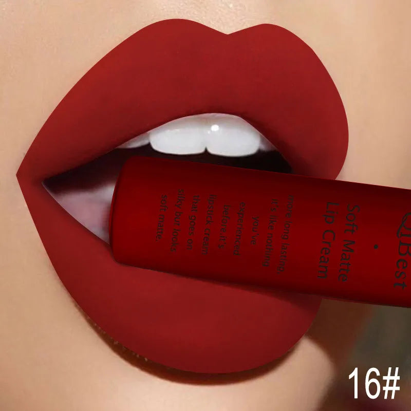 QIBEST Sexy Long Lasting Velvet Matte Lip Gloss Liquid Lipstick Lip Makeup Women Beauty Red Nonstick Cup Waterproof Lipgloss