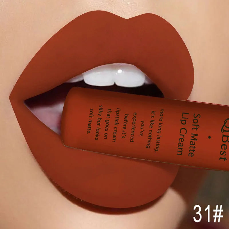 QIBEST Sexy Long Lasting Velvet Matte Lip Gloss Liquid Lipstick Lip Makeup Women Beauty Red Nonstick Cup Waterproof Lipgloss