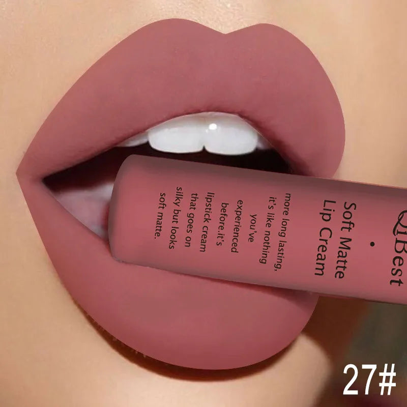 QIBEST Sexy Long Lasting Velvet Matte Lip Gloss Liquid Lipstick Lip Makeup Women Beauty Red Nonstick Cup Waterproof Lipgloss