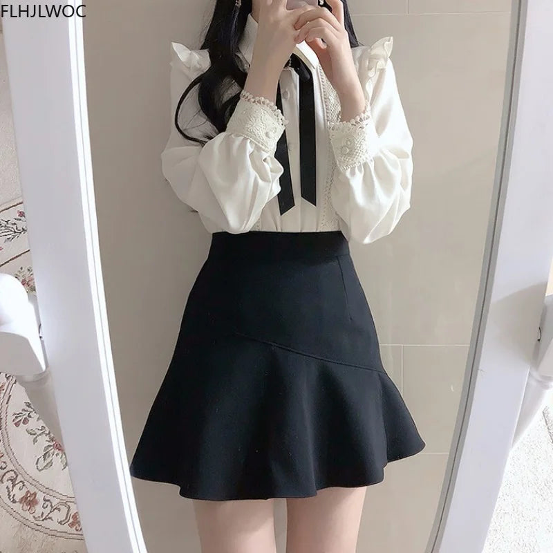 Ruffled Autumn Spring Basic Office Lady Work Wear Women Single Breasted Button Solid Peter Pan Collar Top White Shirts Blouses