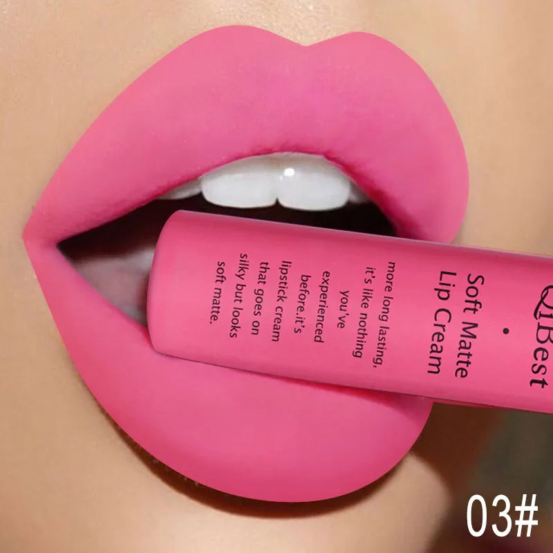 QIBEST Sexy Long Lasting Velvet Matte Lip Gloss Liquid Lipstick Lip Makeup Women Beauty Red Nonstick Cup Waterproof Lipgloss