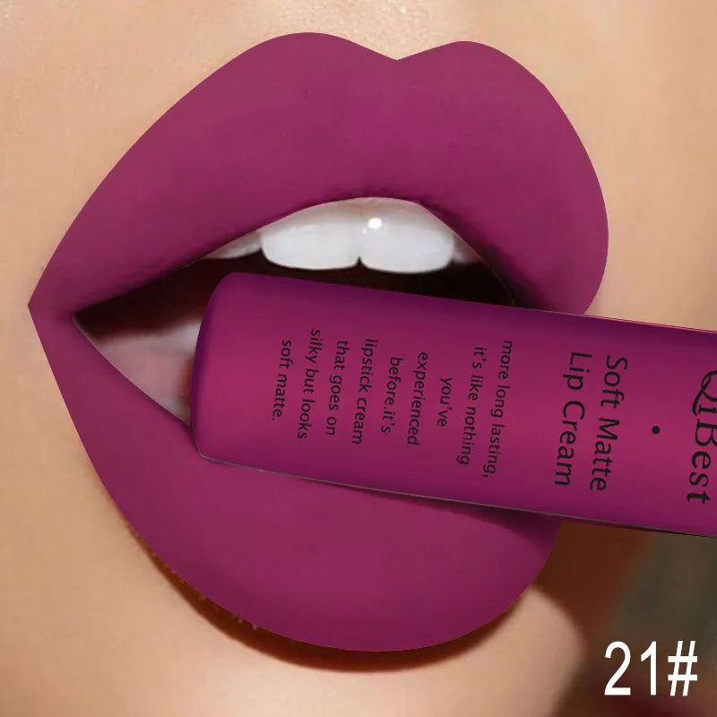 QIBEST Sexy Long Lasting Velvet Matte Lip Gloss Liquid Lipstick Lip Makeup Women Beauty Red Nonstick Cup Waterproof Lipgloss