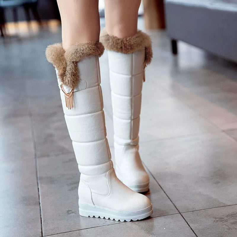 Botas De Mujer Knee High Snow Boots Women Plush Warm Winter Leather Fashion Wedges Black Platform Long Boots Size 32-43 C-98