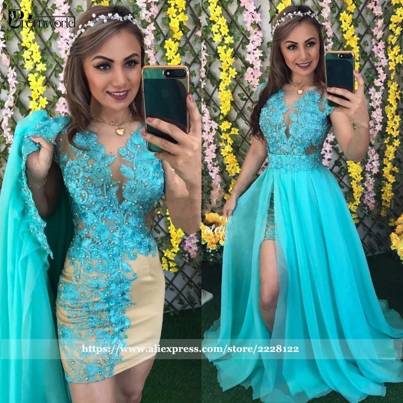 Vestidos 2 Pieces Prom Dresses Blue Lace Appliques Beading Pearls Detachable Chiffon Formal Evening Gowns Graduation Robes
