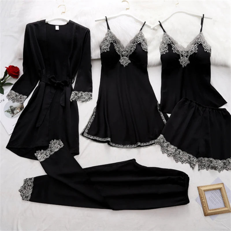 5PCS Silk Robe Sleep Suit Womens Lace Satin Pajamas Gown Set V-Neck Cami Nighties Wear Pijama Home Nightwear Spring Nightdress