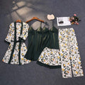 Print Pajamas Set Silky Women 5 Piece Sleepwear Satin Lace Sleep Pyjama Lounge with Belt Chest Pads Sexy Strap Home Nightwear