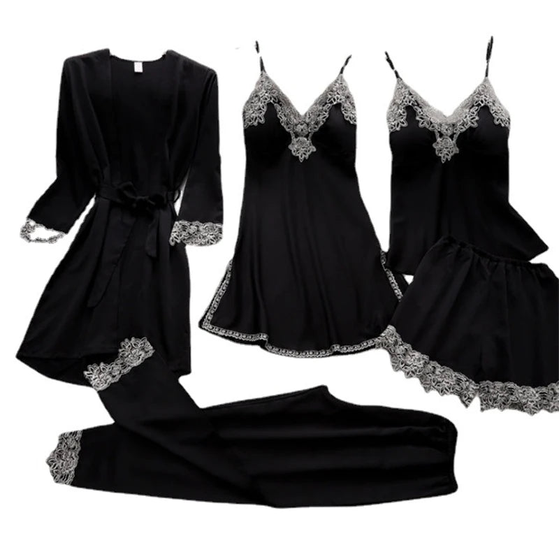 5PCS Silk Robe Sleep Suit Womens Lace Satin Pajamas Gown Set V-Neck Cami Nighties Wear Pijama Home Nightwear Spring Nightdress
