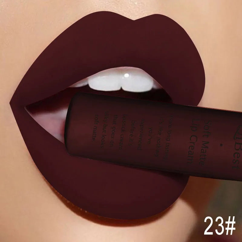 QIBEST Sexy Long Lasting Velvet Matte Lip Gloss Liquid Lipstick Lip Makeup Women Beauty Red Nonstick Cup Waterproof Lipgloss