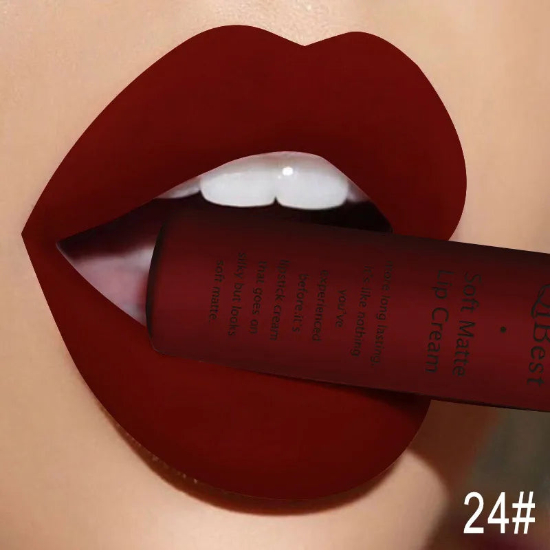 QIBEST Sexy Long Lasting Velvet Matte Lip Gloss Liquid Lipstick Lip Makeup Women Beauty Red Nonstick Cup Waterproof Lipgloss