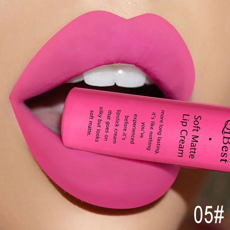 QIBEST Sexy Long Lasting Velvet Matte Lip Gloss Liquid Lipstick Lip Makeup Women Beauty Red Nonstick Cup Waterproof Lipgloss