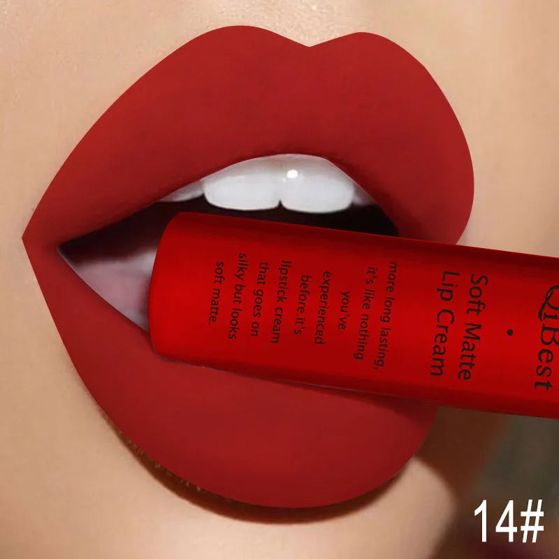 QIBEST Sexy Long Lasting Velvet Matte Lip Gloss Liquid Lipstick Lip Makeup Women Beauty Red Nonstick Cup Waterproof Lipgloss