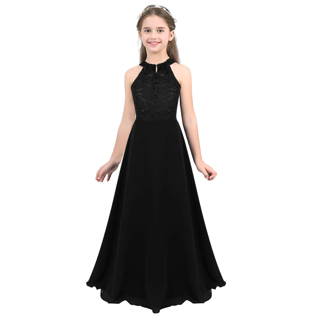 Summer Fashion Flower Girls Dress Wedding  Birthday Party Kids Long Dress Vestido Elegant Halter Neck Floral Lace Princess Dress
