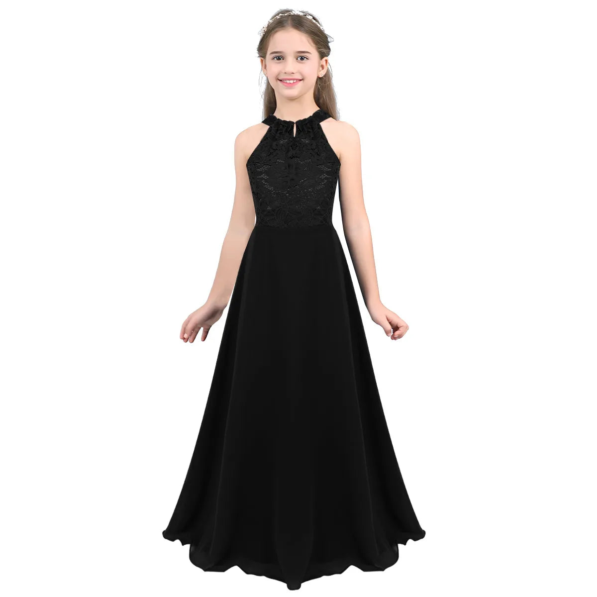 Summer Fashion Flower Girls Dress Wedding  Birthday Party Kids Long Dress Vestido Elegant Halter Neck Floral Lace Princess Dress