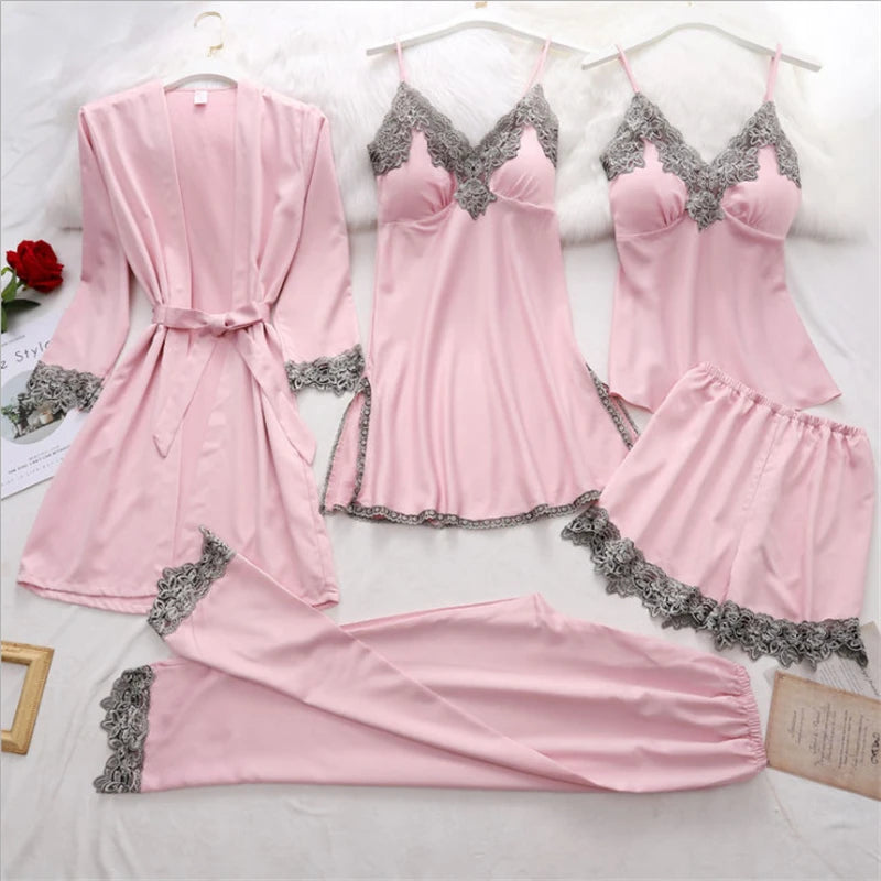 5PCS Silk Robe Sleep Suit Womens Lace Satin Pajamas Gown Set V-Neck Cami Nighties Wear Pijama Home Nightwear Spring Nightdress