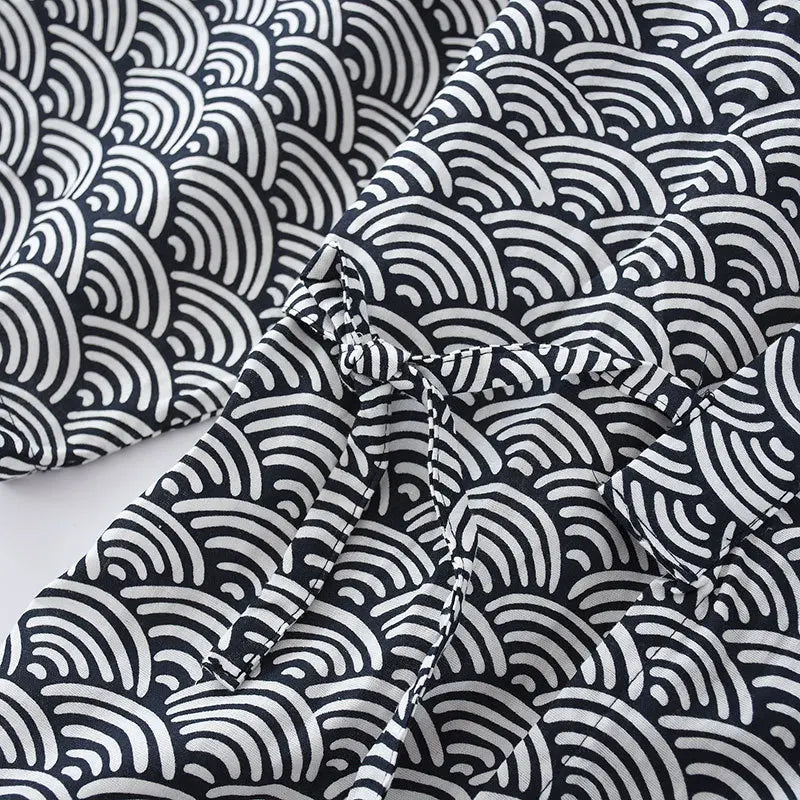 Japanese Style Pajamas for Men Women Kimono Wrap PJs Set Seigaiha Wave Print 100% Cotton Unisex Loungewear Sleepwear Suit