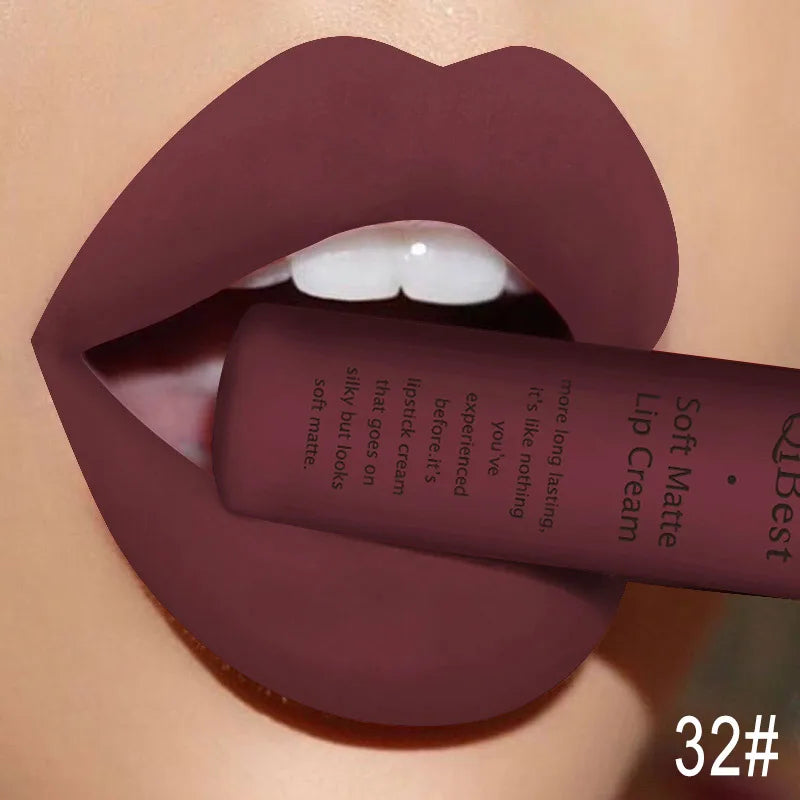 QIBEST Sexy Long Lasting Velvet Matte Lip Gloss Liquid Lipstick Lip Makeup Women Beauty Red Nonstick Cup Waterproof Lipgloss
