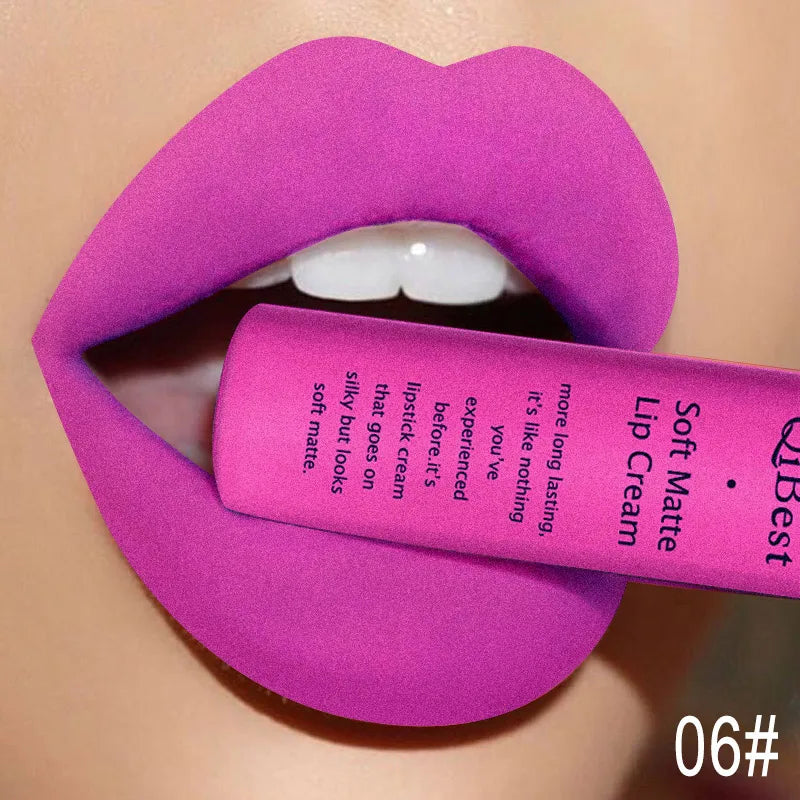 QIBEST Sexy Long Lasting Velvet Matte Lip Gloss Liquid Lipstick Lip Makeup Women Beauty Red Nonstick Cup Waterproof Lipgloss