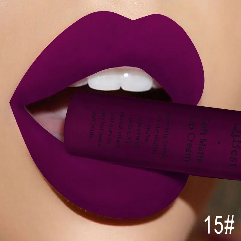 QIBEST Sexy Long Lasting Velvet Matte Lip Gloss Liquid Lipstick Lip Makeup Women Beauty Red Nonstick Cup Waterproof Lipgloss