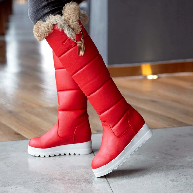 Botas De Mujer Knee High Snow Boots Women Plush Warm Winter Leather Fashion Wedges Black Platform Long Boots Size 32-43 C-98