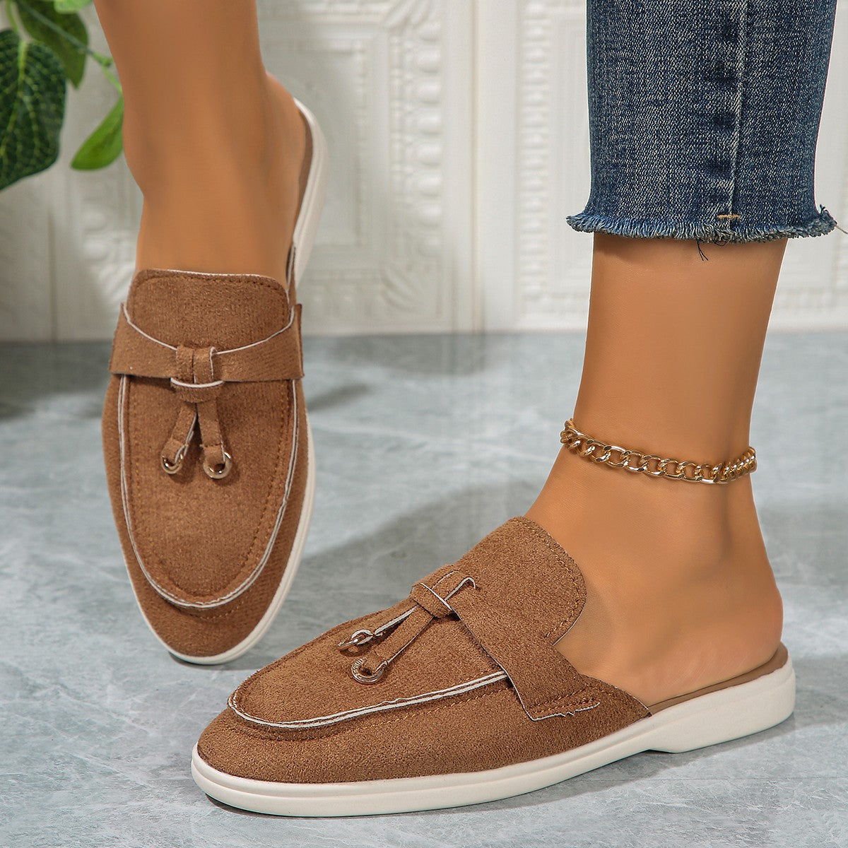 European and American Slippers 2024 Spring New Women's Baotou Half Slippers Outer Wear One-Leg Muller Lazy Shoes Half Slippers Wholesale