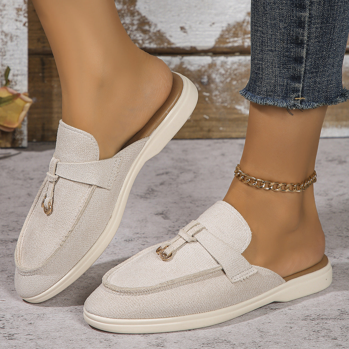European and American Slippers 2024 Spring New Women's Baotou Half Slippers Outer Wear One-Leg Muller Lazy Shoes Half Slippers Wholesale