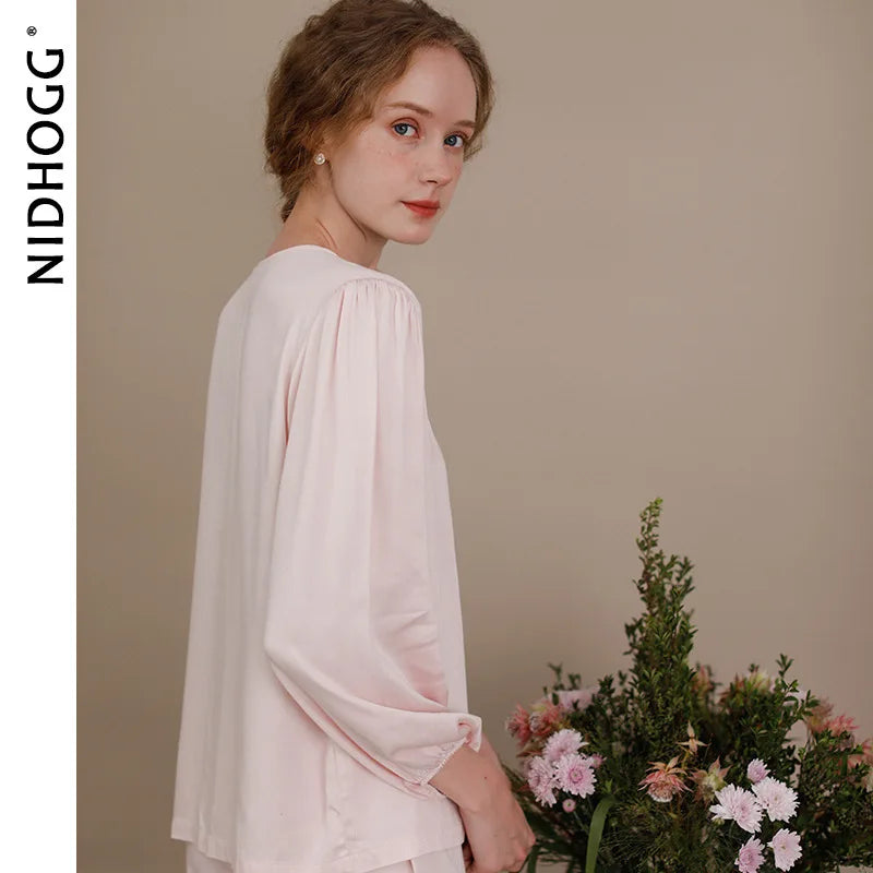 Elegant Pajama Set Women Silky Satin Loungewear Long Sleeve V-Neck Sleepwear Vintage 2 Pcs Suit French Style Homewear Pijama