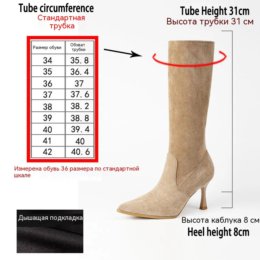 Zapatos De Mujer Winter Women Knee-High Boots Street Pointed Toe Thin High Heels Faux Suede Ladies Shoes Long Botas De Mujer
