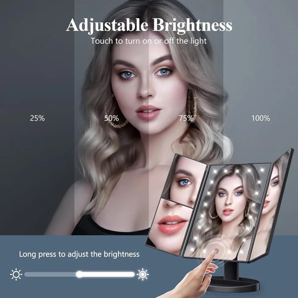 Large Foldable LED Makeup Mirror - 2X/3X/10X Magnification, USB & Battery Powered, Retro Tabletop Design for Home/Travel