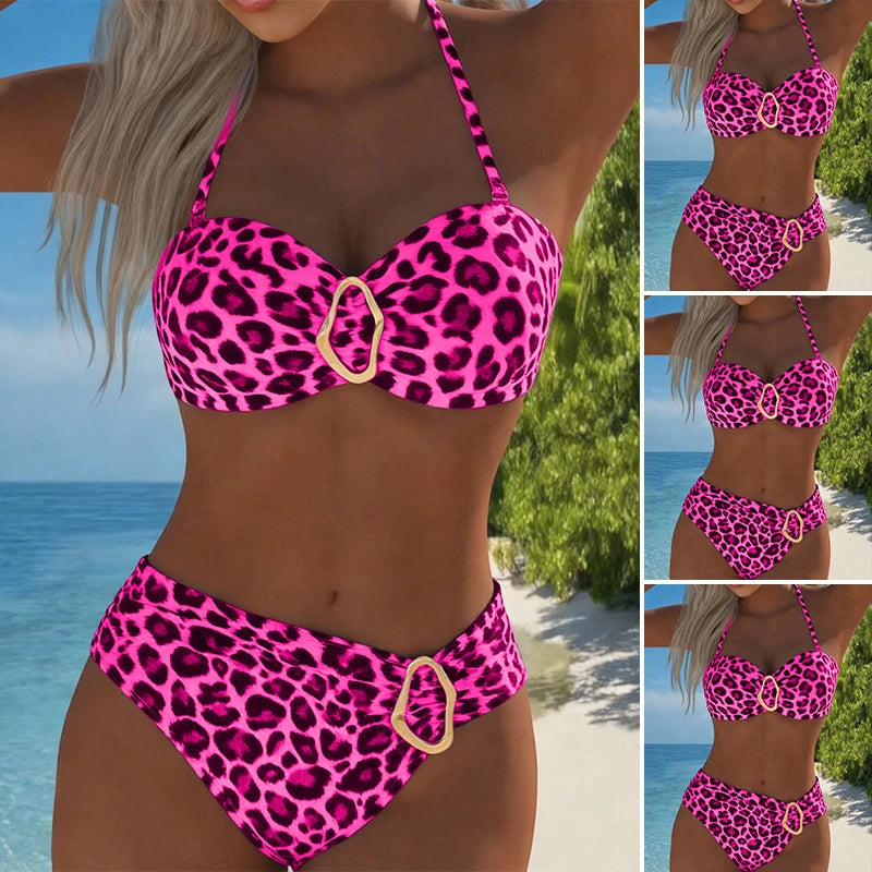 Women's High Cut Bikini Set Solid Color Bandeau Top Bottom Bathing Suit Sexy Beachwear Summer Swimming Wear