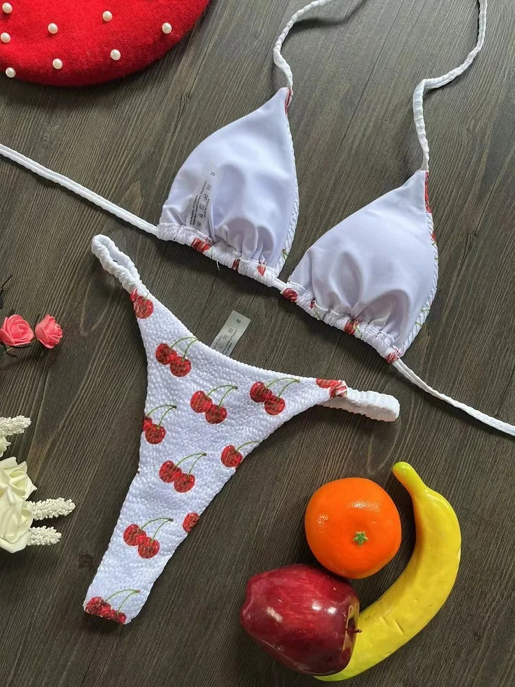 2024 brazilian bikini women suit, beach fashion, sexy thong swimsuit, cute cherry print