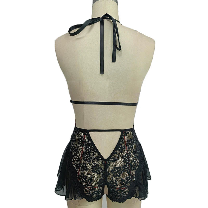 Sexy Underwear Set Crotchless Lace Lenceria Pornographic Girls European Plus Size Erotic Backless Lingerie Patchwork Hot Pajamas
