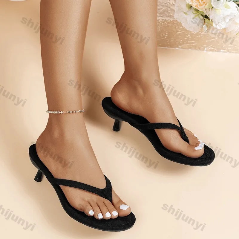 2026 Summer Fashion Thin Heels Clip Toe Slippers Women Comfort Round Clip Toe Low Heel Sandals Mules Shoes Zapatos De Mujer