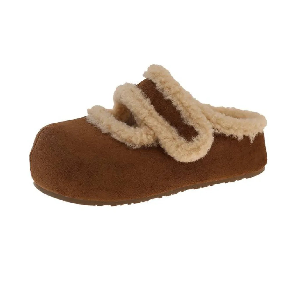 Comfortable Round Head Suede Warm Slippers Anti-slip Soft Coral Fleece Slippers Thick Bottom Casual Retro Winter Shoes Women