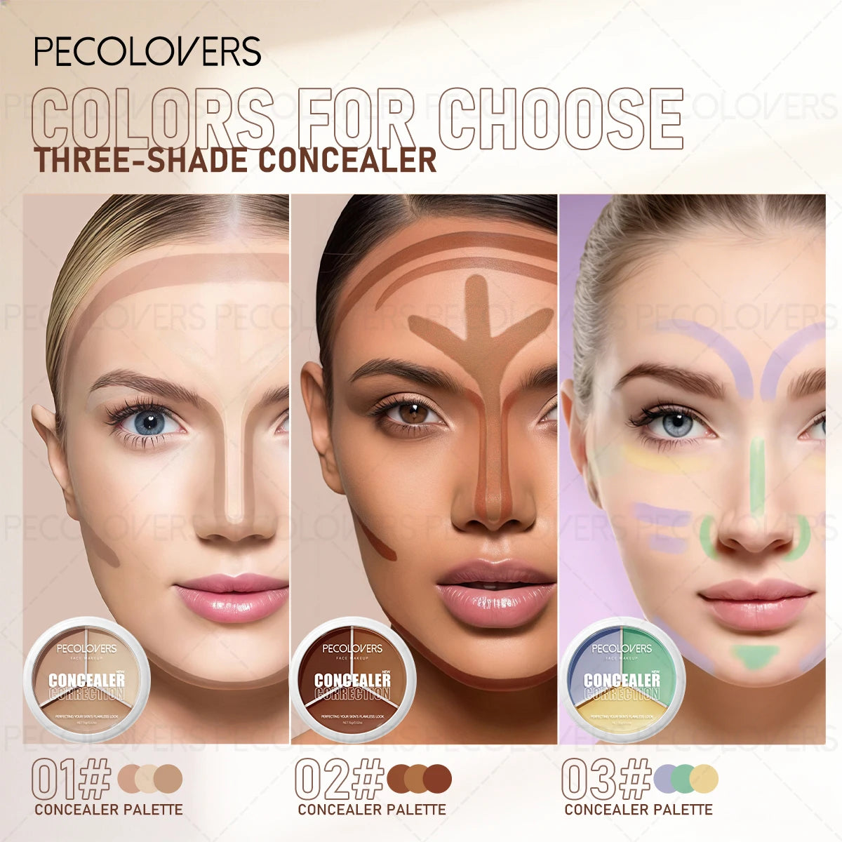 Three-color Facial Concealer, Covering Facial Blemishes and Spots, Waterproof, Long-lasting and Natural, Facial Cosmetics