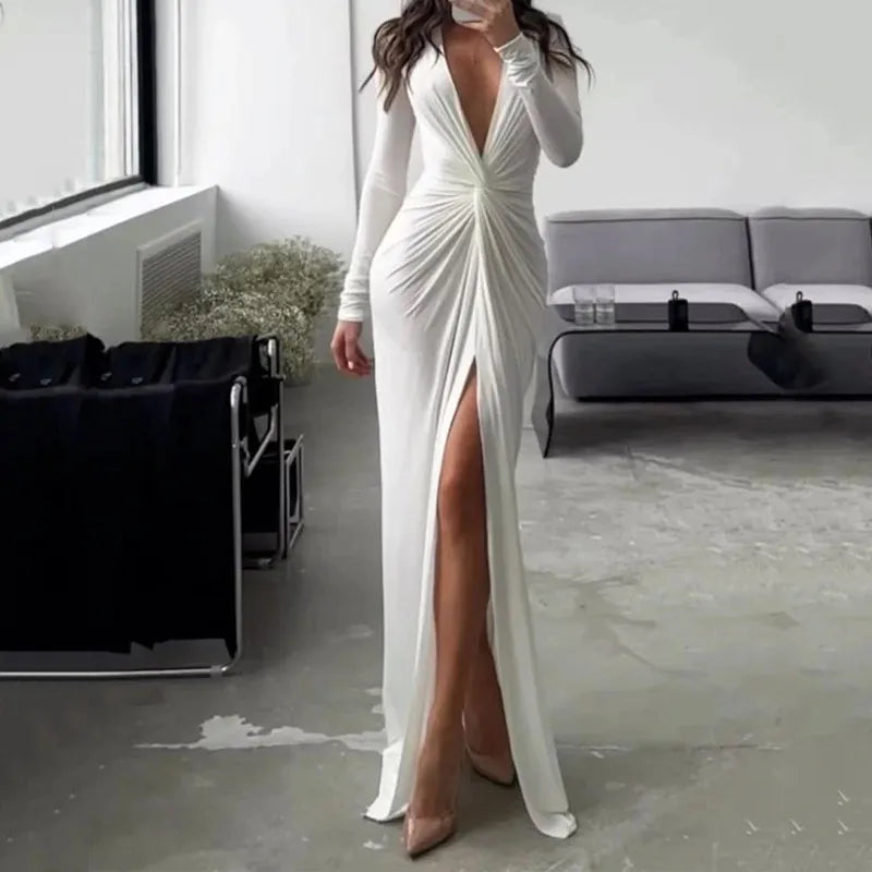 2026 Sexy Bodycon Dresses for Women Slim Fit Deep V-neck Party Prom Evening Party Club Dress Hem Split Outfits Evening Vestidos