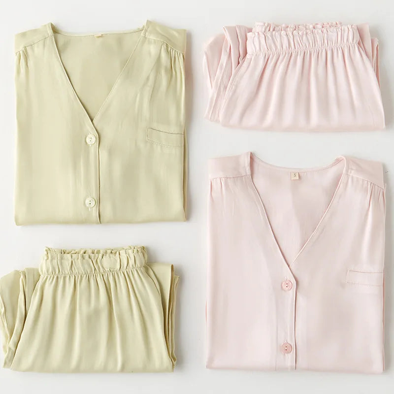 Elegant Pajama Set Women Silky Satin Loungewear Long Sleeve V-Neck Sleepwear Vintage 2 Pcs Suit French Style Homewear Pijama