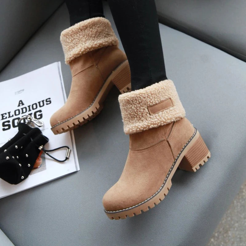 Womens Boots Female Winter Shoes Fur Snow Boots Warm Plush Women's Shoes Square High Heel Ankle Boots Black Botas De Mujer