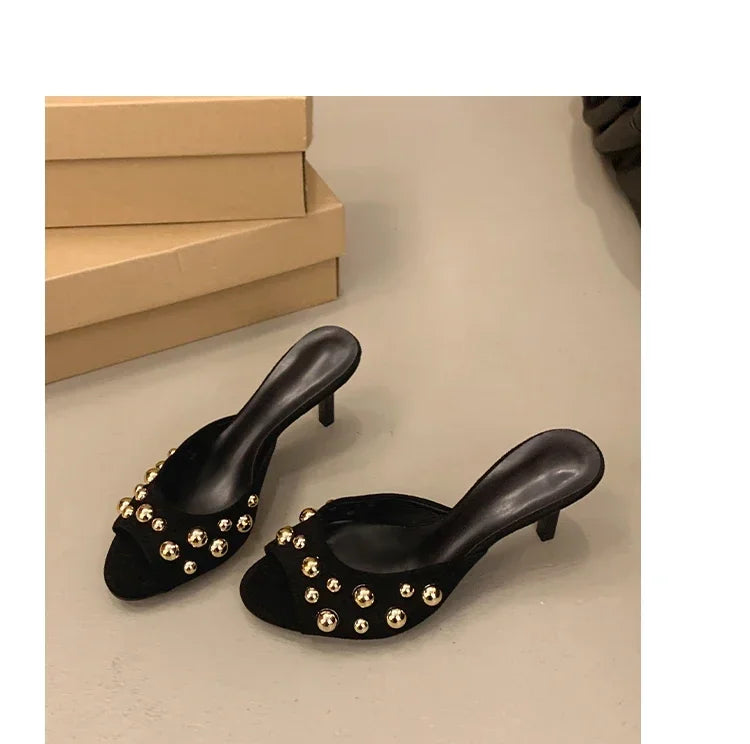 2026 Summer New Women's Shoes Black Velvet Effect Studded Backless One-foot Stiletto Sandals Women's High Heels Zapatos De Mujer
