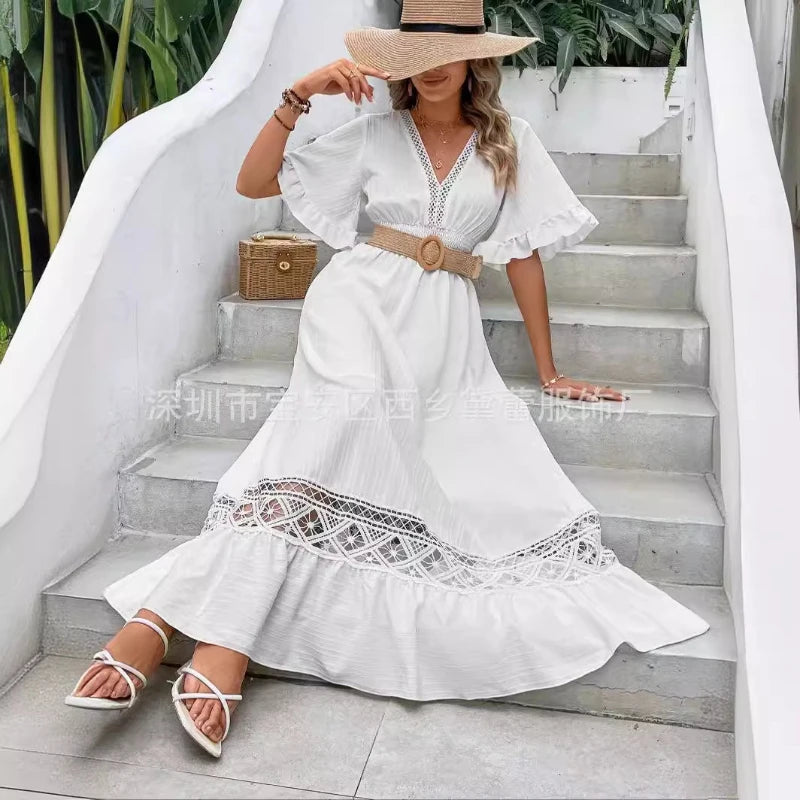 White Long Dress Women Dresses A Line Vestidos V Neck Short Sleeve Elegant Splice Y2k Temperament High Waist Solid 2025 Summer