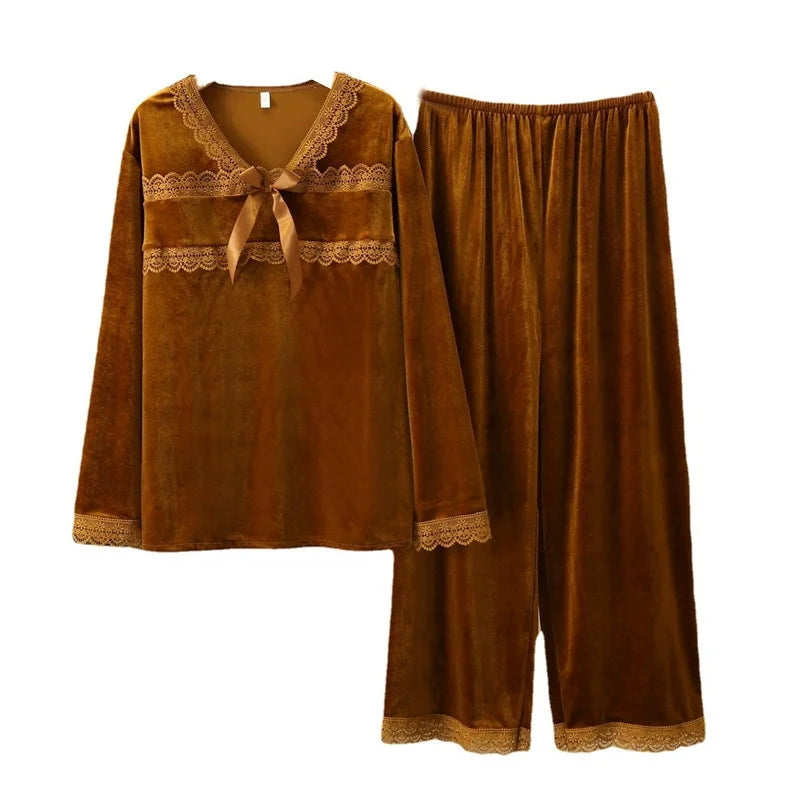 Sexy Velvet 2Pcs PJS Set Female Sleepwear Home Clothes Jacquard Pijamas Suit Autumn Winter New Velour Pyjama Lounge Wear